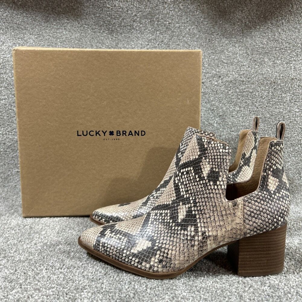Lucky Brand Boots Womens 7.5M Cut Out Booties Brown Leather Pull On Snake Skin